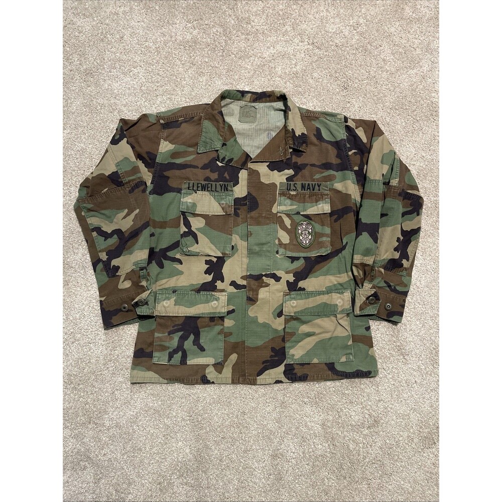 VTG US Military BDU Coat Mens Navy Woodland Camo Field Combat Distressed LR